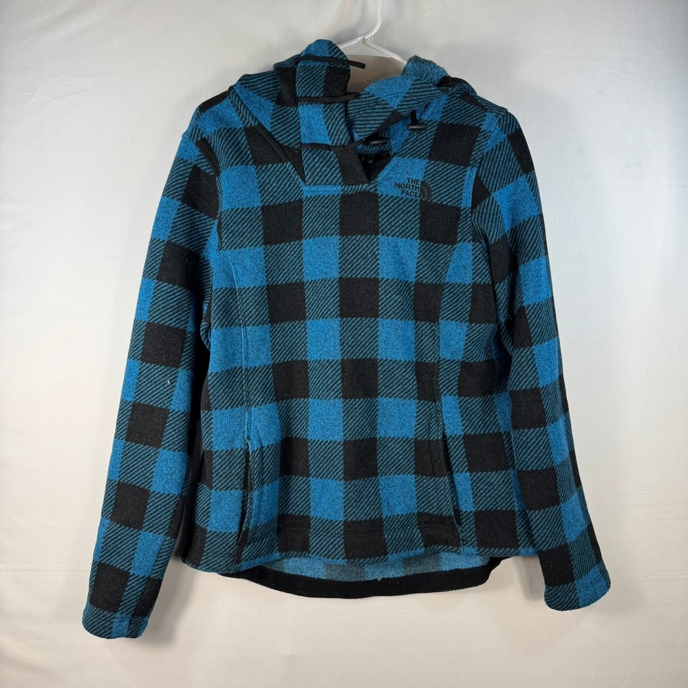The North Face Womens Blue Black Buffalo Plaid Fleece Hoodie Pullover Size M
